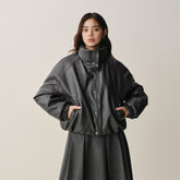 Women's Short PU Down Jacket with Ruched Hem